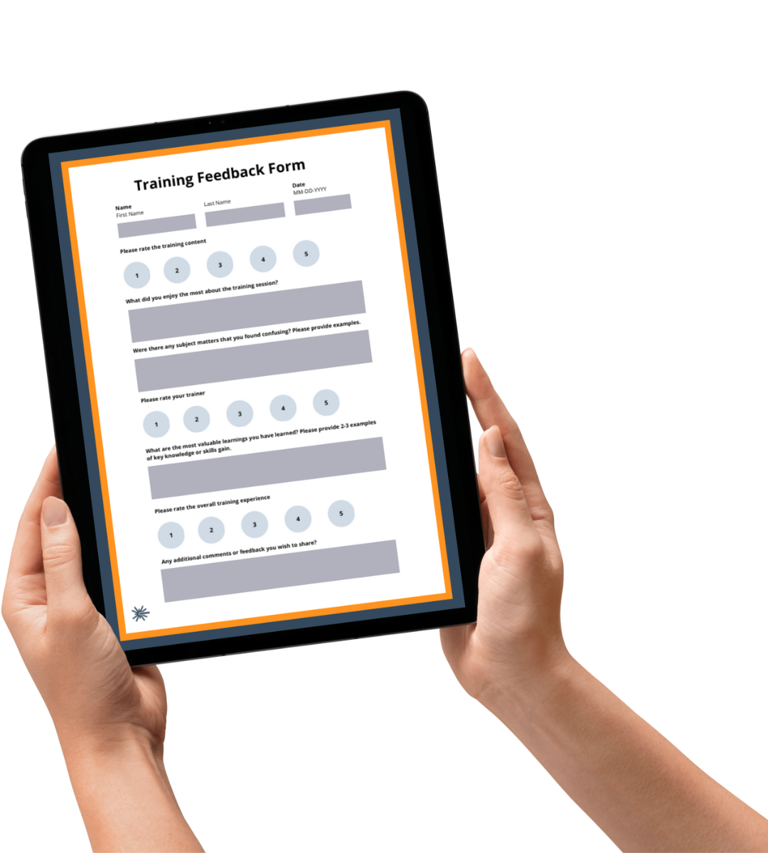 Hands with an ipad showing a training feedback form (1)
