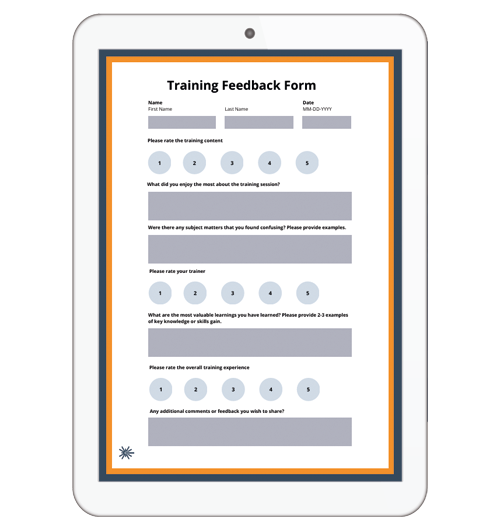 Pad displaying a training feedback form with rating scales and open-ended questions.