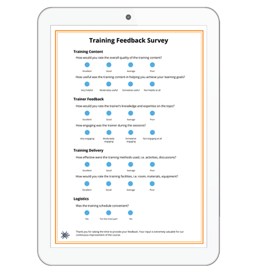 iPad displaying a training survey template with sections on training content, trainer feedback, training delivery, and logistics.