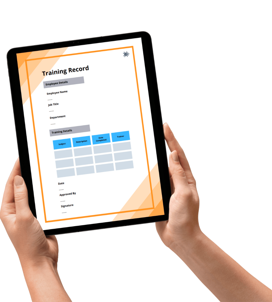 Training record template on shown on Ipad with two hands holding the ipad