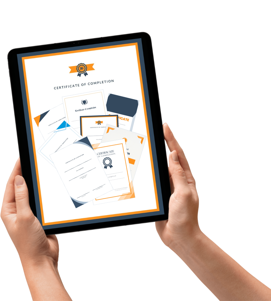 A tablet displaying multiple customizable course completion certificate templates, ideal for training providers to certify employee achievements.